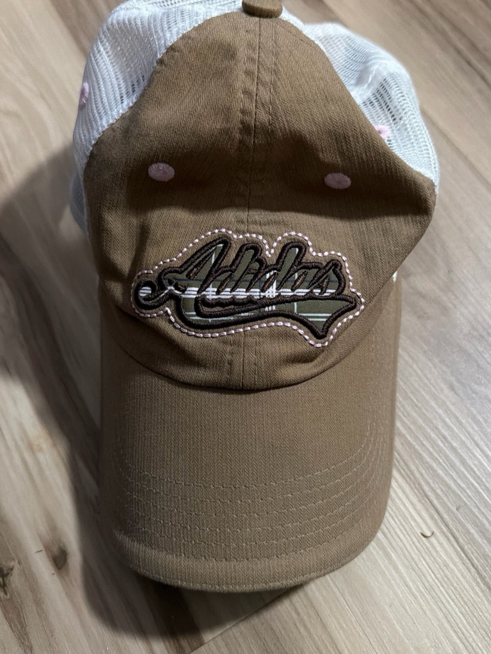 adidas Tan and Pink Logo Mesh Trucker Hat